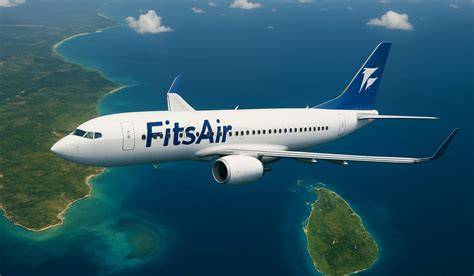 A FitsAir airplane flying over the skyline of Colombo, Sri Lanka.