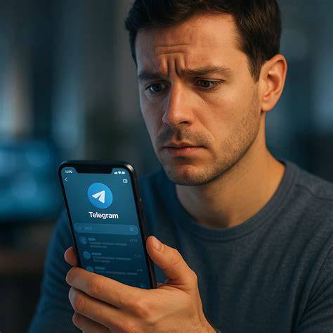 A person appears frustrated while waiting for Telegram to load on their smartphone.