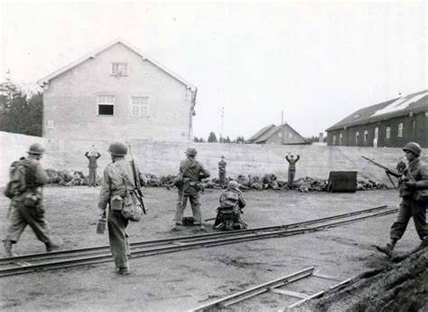 American soldiers standing over captured German soldiers after the liberation of Dachau.