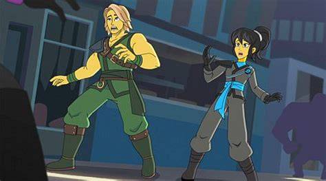 A dynamic animated scene from Ninjago: Dragons Rising showcasing vibrant colors and action.