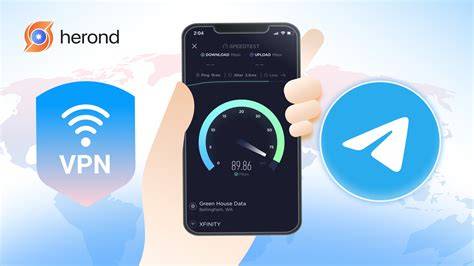 Smartphone screen shows a VPN app connected while Telegram is open.