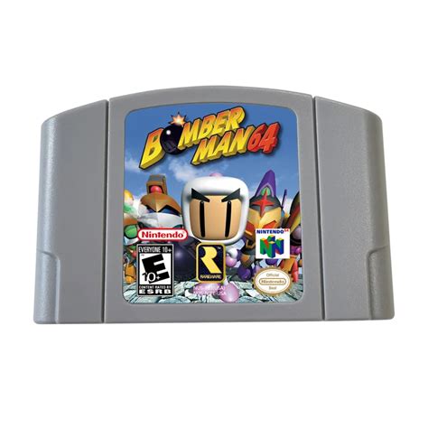 A close-up of the Bomberman 64 game cartridge next to a Nintendo 64 console.