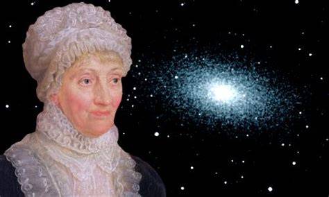 Caroline Herschel pointing towards a comet in the sky while holding a telescope.