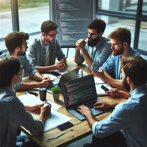 A software development team standing together in a circle sharing project updates during a stand-up meeting.