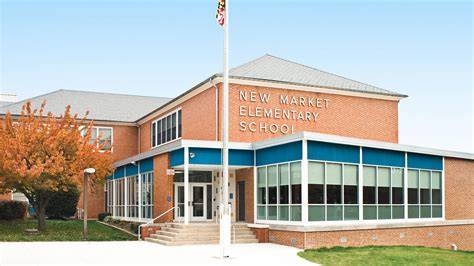 The front view of New Market Elementary School surrounded by trees.