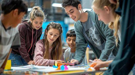 Students focused on project-based assignments at their desks in a classroom.