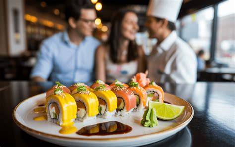 An attentive server assisting diners at Sushi Taro.