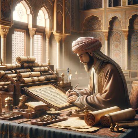 An Islamic scholar thoughtfully writing in a notebook at a desk.
