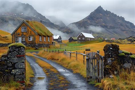 A picturesque Icelandic village showcasing traditional houses and street signs with Icelandic names.
