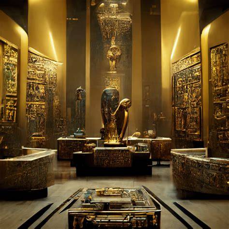 A close-up of ancient Egyptian artifacts such as pottery and jewelry in a museum.