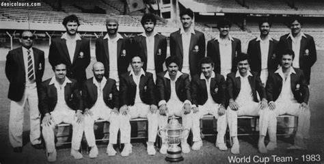 The Indian cricket team celebrating their historic win at the 1983 Cricket World Cup.