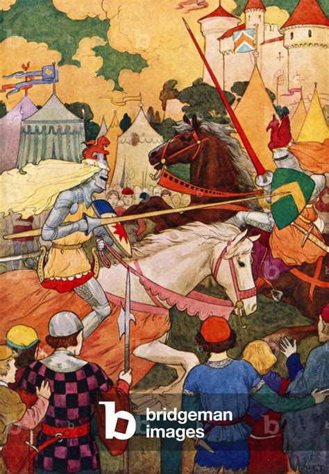 Two knights in armor competing in a jousting tournament