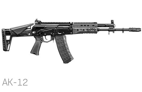An AK-12 rifle highlighting its adjustable stock and rail system.
