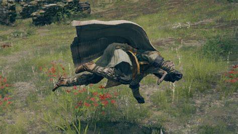 A player character in Elden Ring successfully dodging an enemy's attack in a dynamic combat scene.