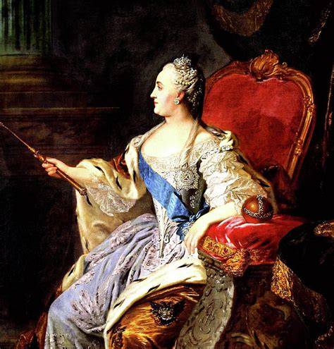 Catherine the Great admiring paintings in an art gallery.