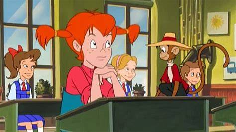 Pippi Longstocking stands confidently facing a group of bullies at school.