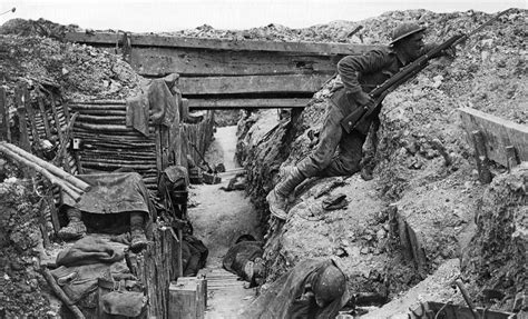 Soldiers in trenches during the Battle of the Somme, preparing for an attack.
