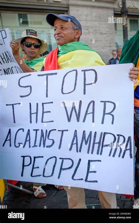Activists holding banners and flags at a recent Ethiopian demonstration.