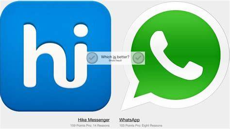 Two smartphones displaying Hike Messenger and WhatsApp side by side.